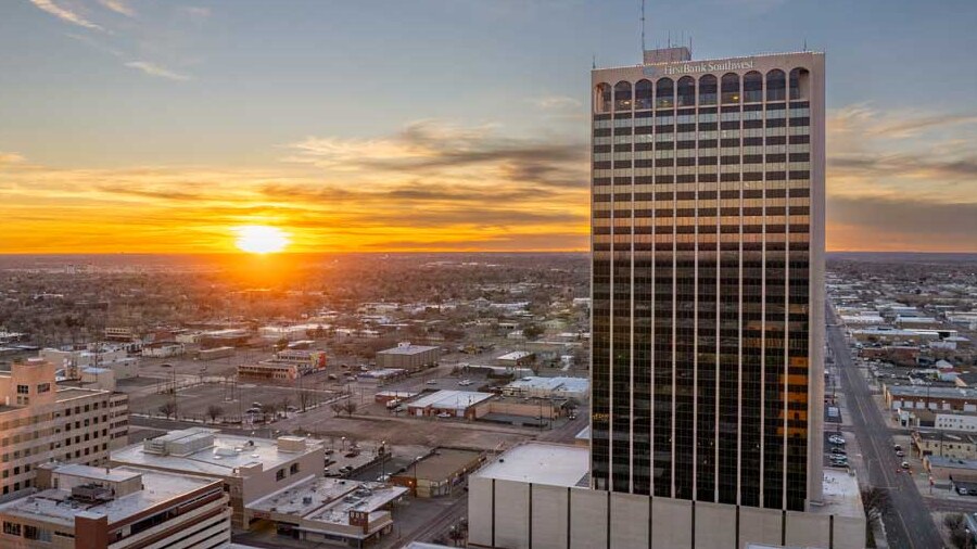 FirstBank Southwest Tower and the Amarillo skyline at sunset